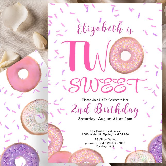 Two Sweet 2nd Birthday Pink Donut Invitation (Creator Uploaded)