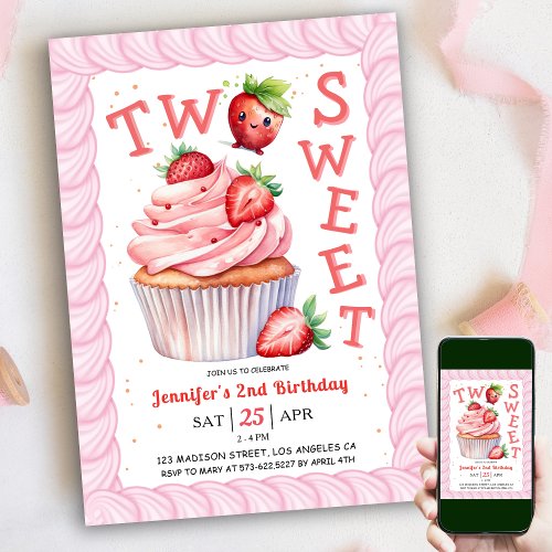 TWO Sweet 2nd Birthday Pink Girl Strawberry  Invitation