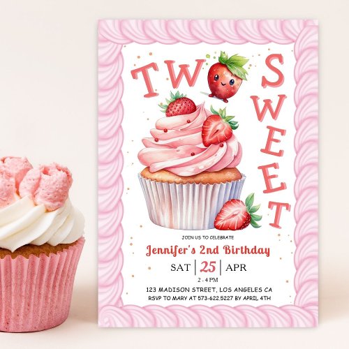 TWO Sweet 2nd Birthday Pink Girl Strawberry  Invitation