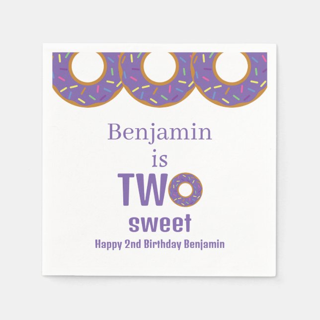 Two Sweet 2nd Birthday Purple Donut Party Napkins (Front)