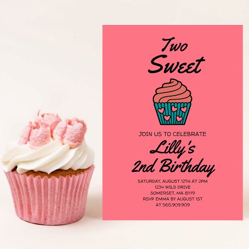 Two Sweet 2nd Birthday Theme Pink Cute Cupcake  Invitation