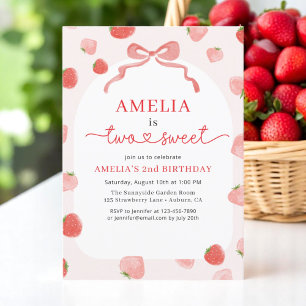 Two Sweet 2nd Bow Strawberry Girl's Birthday Invitation