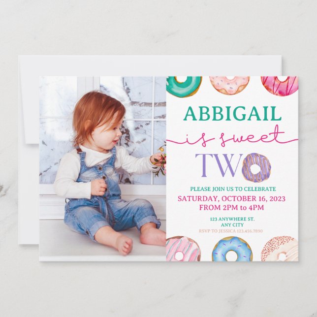 Two Sweet 2nd Donut Theme Birthday Party Invitation (Front)