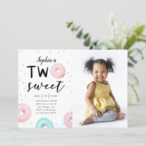 Two Sweet 2nd Donut Theme Birthday Party Photo Invitation | Zazzle