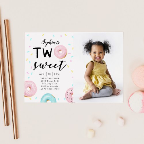 Two Sweet 2nd Donut Theme Birthday Party Photo Invitation