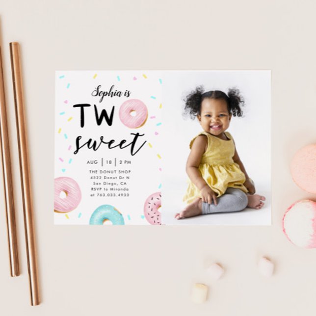 Two Sweet 2nd Donut Theme Birthday Party Photo Invitation (Creator Uploaded)