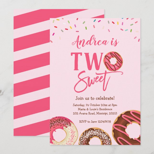 Two Sweet 2nd donut themed birthday invitation (Front/Back)