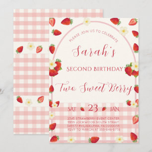Two Sweet Berry Strawberry 2nd Birthday Invitation