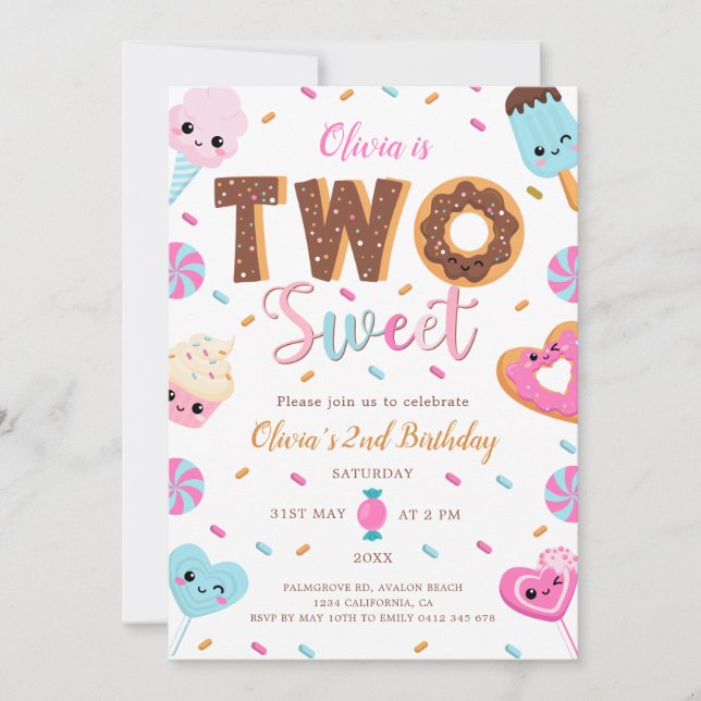 Two Sweet Birthday | 2nd Birthday Girl Donut  Invitation (Front)