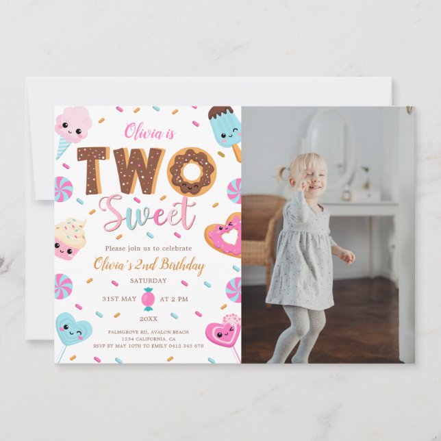 Two Sweet Birthday, 2nd Birthday Photo Girl Donut  Invitation (Front)