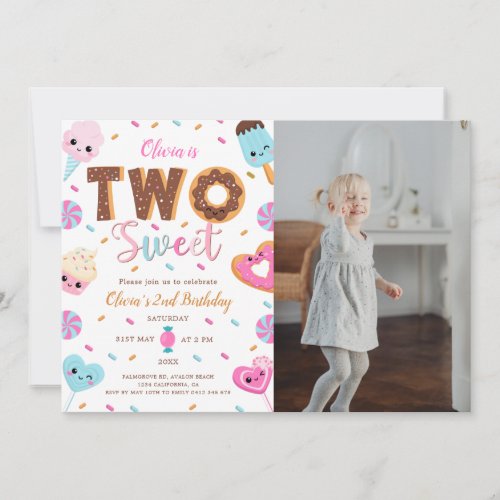 Two Sweet Birthday 2nd Birthday Photo Girl Donut  Invitation