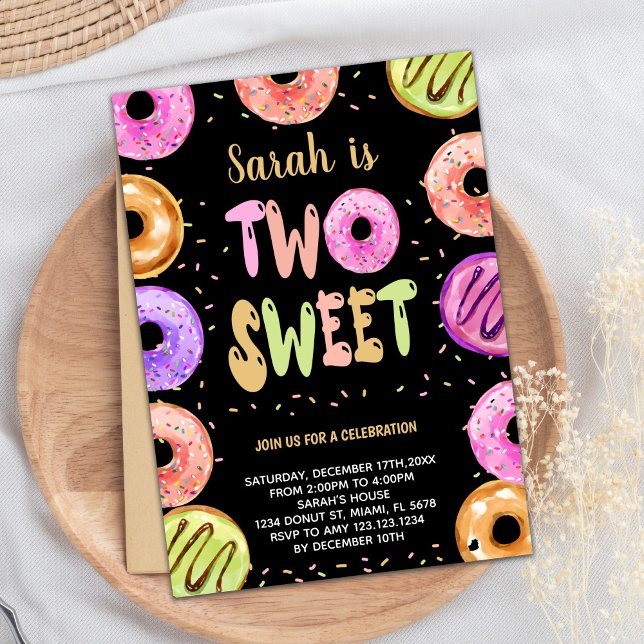 Two Sweet Black Donut Birthday Invitations (Two Sweet Black Donut Birthday Invitations)