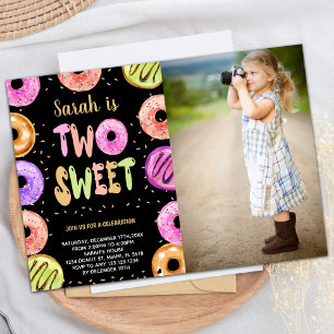 Two Sweet Black Photo Donut Birthday Invitations