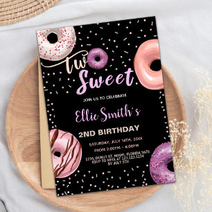 Two Sweet Black Pink Donut Birthday Invitations