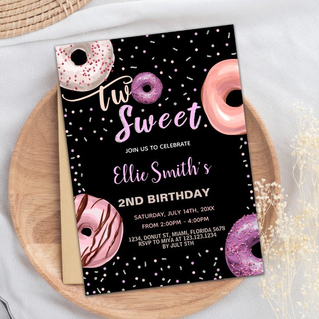 Two Sweet Black Pink Donut Birthday Invitations (Two Sweet Black Pink Donut Birthday Invitations)