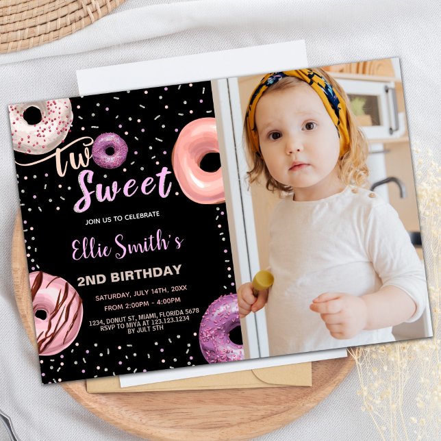 Two Sweet Black Pink Photo Donut Birthday Invitation (Two Sweet Black Pink Photo Donut Birthday Invitation)
