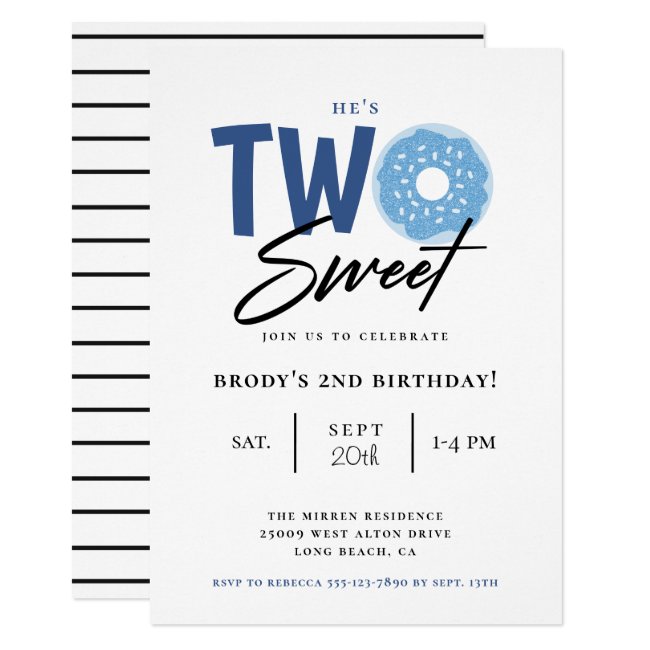 Two Sweet Blue Donut 2nd Birthday Party Invitation