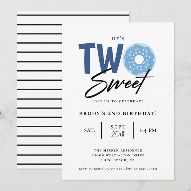 Two Sweet Blue Donut 2nd Birthday Party Invitation (Front/Back)