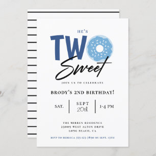 Two Sweet Blue Donut 2nd Birthday Party Invitation