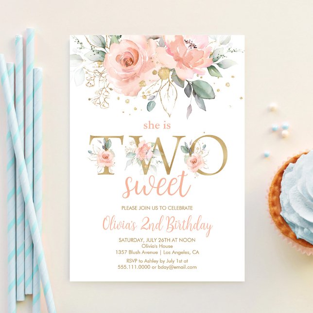 TWO Sweet Blush Pink Floral Gold Second Birthday Invitation (Creator Uploaded)