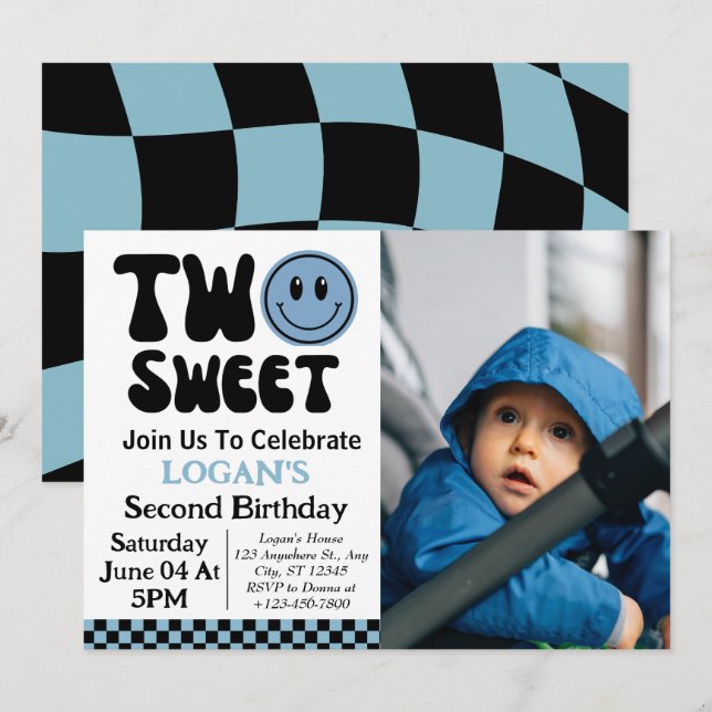 Two Sweet Boy 2nd Birthday Photo Invitation (Front/Back)
