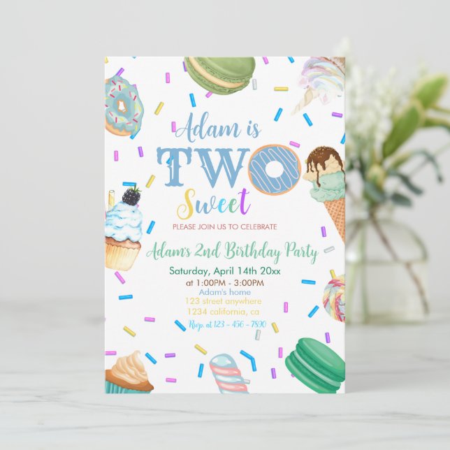 Two Sweet Boy Donut Blue Dessert 2nd Birthday  Invitation (Standing Front)