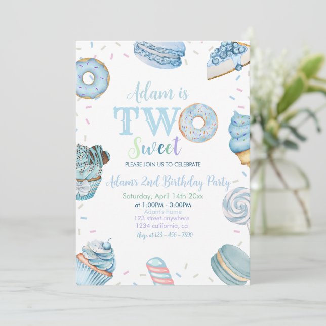 Two Sweet Boy Donut Blue Desserts 2nd Birthday Invitation (Standing Front)