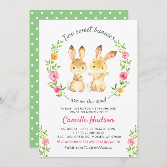 Two Sweet Bunnies On The Way Cute Twin Baby Shower Invitation (Front/Back)
