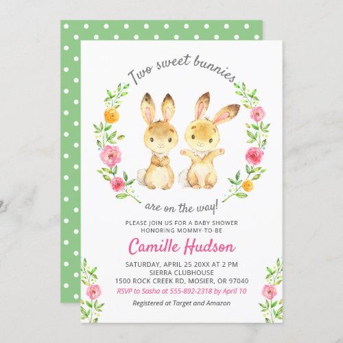 Two Sweet Bunnies On The Way Cute Twin Baby Shower Invitation