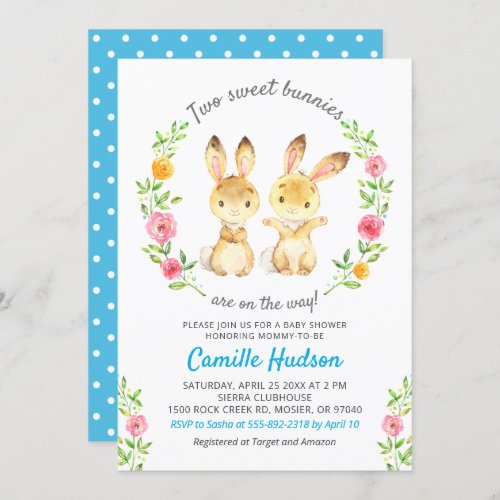 Two Sweet Bunnies On The Way Twin Boys Baby Shower Invitation