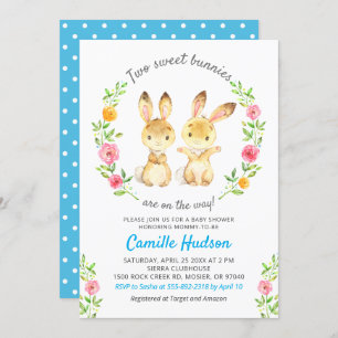 Two Sweet Bunnies On The Way Twin Boys Baby Shower Invitation