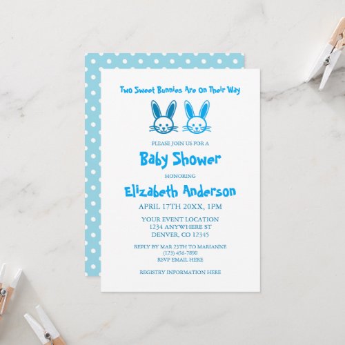 Two Sweet Bunnies Twin Boys Baby Shower Invitation