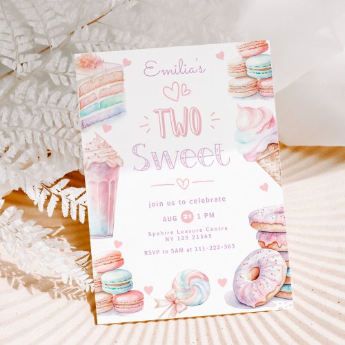 Two sweet candy pastel sweet treats 2nd birthday invitation
