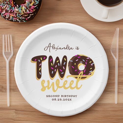 Two Sweet Chocolate Donut Second Birthday Script Paper Plates