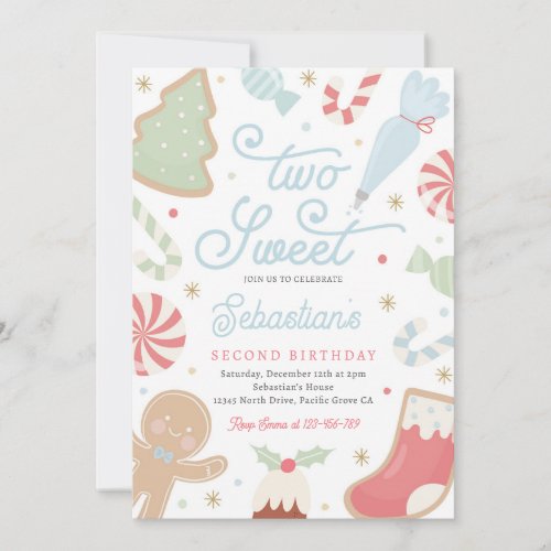 Two Sweet Christmas Cookie 2nd Birthday Party  Invitation
