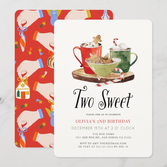 Two Sweet Christmas Cookies Cocoa Mug 2nd Birthday Invitation (Front/Back)