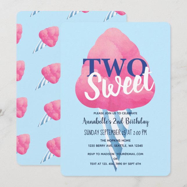 Two Sweet Cotton Candy Kids Second Birthday Invitation (Front/Back)