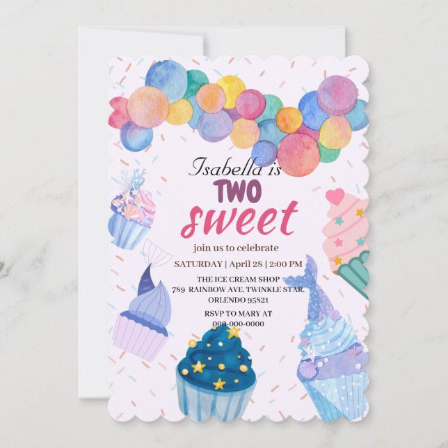 Two Sweet cup cake and mermaid 2nd Birthday Girl  Invitation (Front)