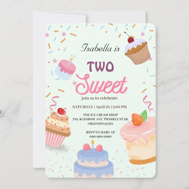 Two Sweet cup cake and Sprinkle 2nd Birthday Girl  Invitation (Front)