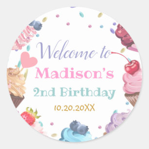 Two Sweet Cupcake 2nd Birthday Candy Party Classic Round Sticker