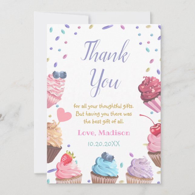 Two Sweet Cupcake 2nd Birthday Candy Party Thank You Card (Front)