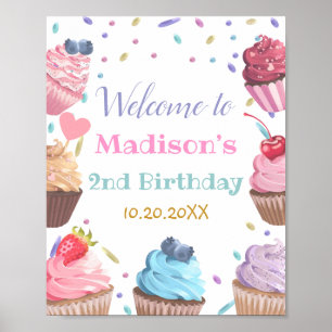 Two Sweet Cupcake 2nd Birthday Candy Party Welcome Poster