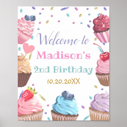 Two Sweet Cupcake 2nd Birthday Candy Party Welcome Poster