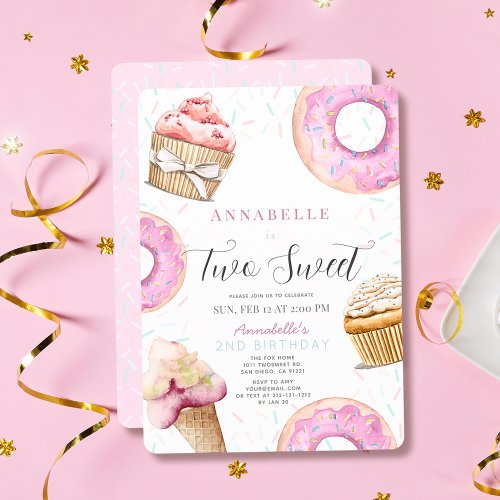 Two Sweet Cupcake  Donuts Girl 2nd Birthday Invitation