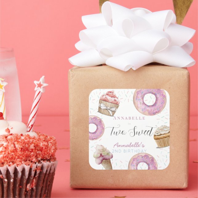 Two Sweet Cupcake & Donuts Girl 2nd Birthday Square Sticker (Party)
