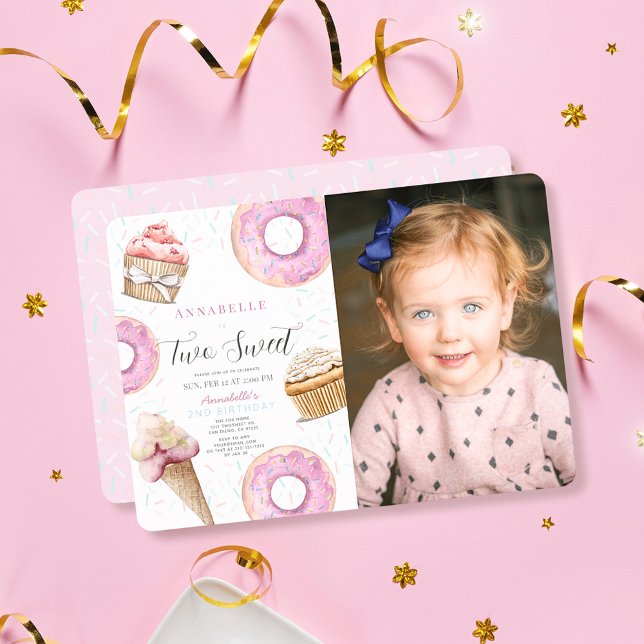 Two Sweet Cupcake & Donuts Girl Photo 2nd Birthday Invitation (Creator Uploaded)