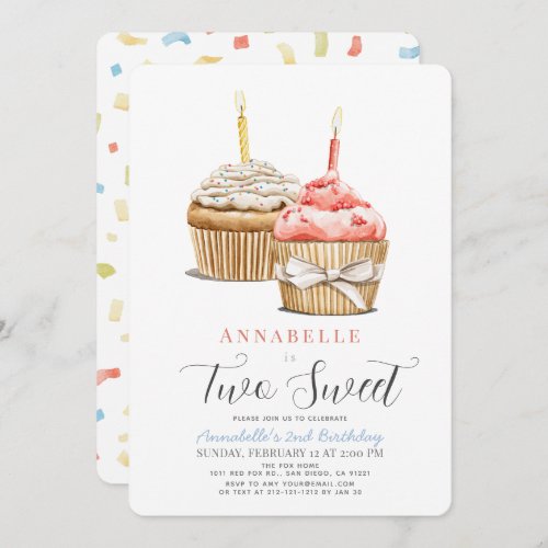 Two Sweet Cupcake Girl 2nd Birthday Invitation