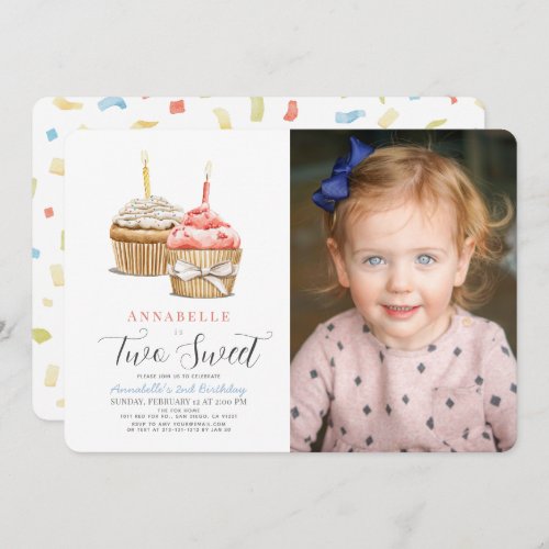 Two Sweet Cupcake Girl 2nd Birthday Photo Invitation