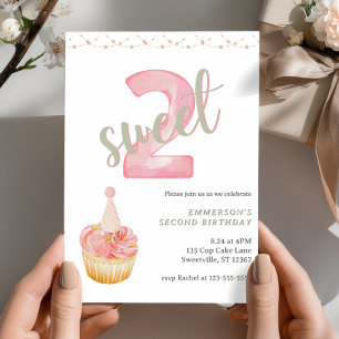 Two Sweet Cute Cupcake 2nd Birthday Invitation