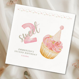 Two Sweet Cute Cupcake 2nd Birthday Napkins